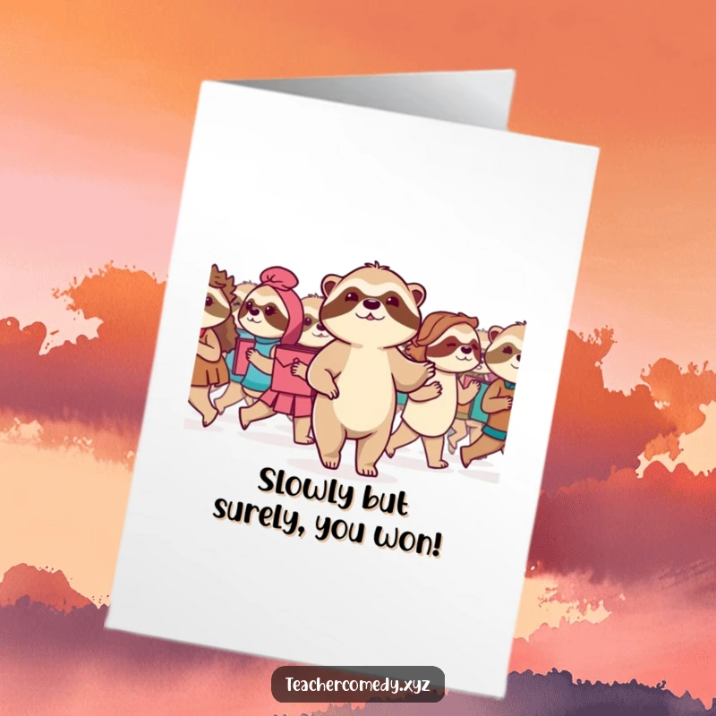 Funny Free Printable Congratulations Card: A serene sloth leads a slow march, symbolizing the steady, humorous path to success.