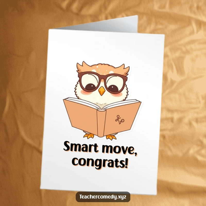 Funny Free Printable Congratulations Card: A smiling owl wearing glasses reads a large book, celebrating a significant accomplishment.