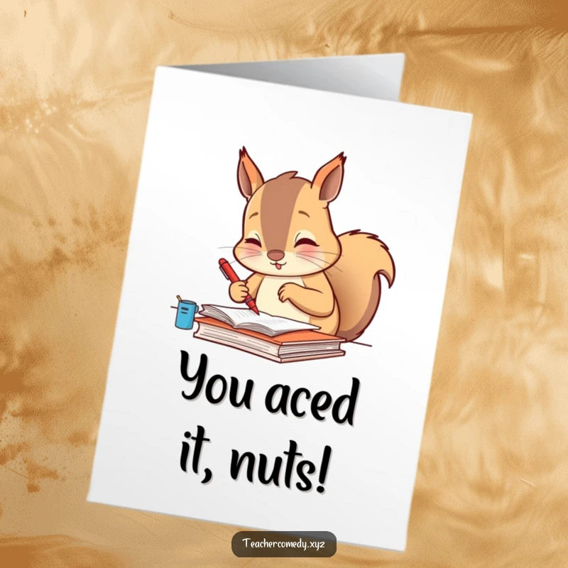 Funny Free Printable Congratulations Card: A diligent squirrel meticulously grades with a tiny red pen, marking your achievement with perfect scores.