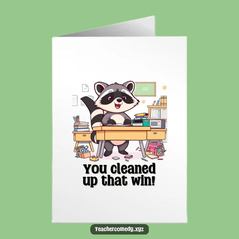 Free Printable Congrats Card: Triumphant Raccoon Declares Victory Over Chaos - Funny Downloadable