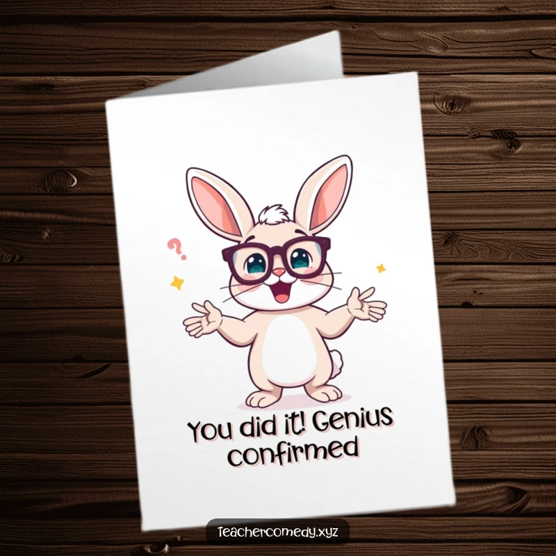 Funny Free Printable Congratulations Card: Enthusiastic Bunny with Glasses Explaining a Major Achievement