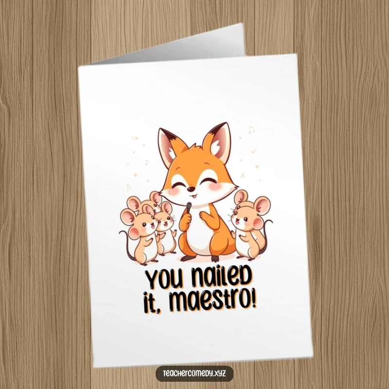 Funny free printable congratulations card showing a clever fox directing a choir of surprisingly talented singing mice, celebrating success.