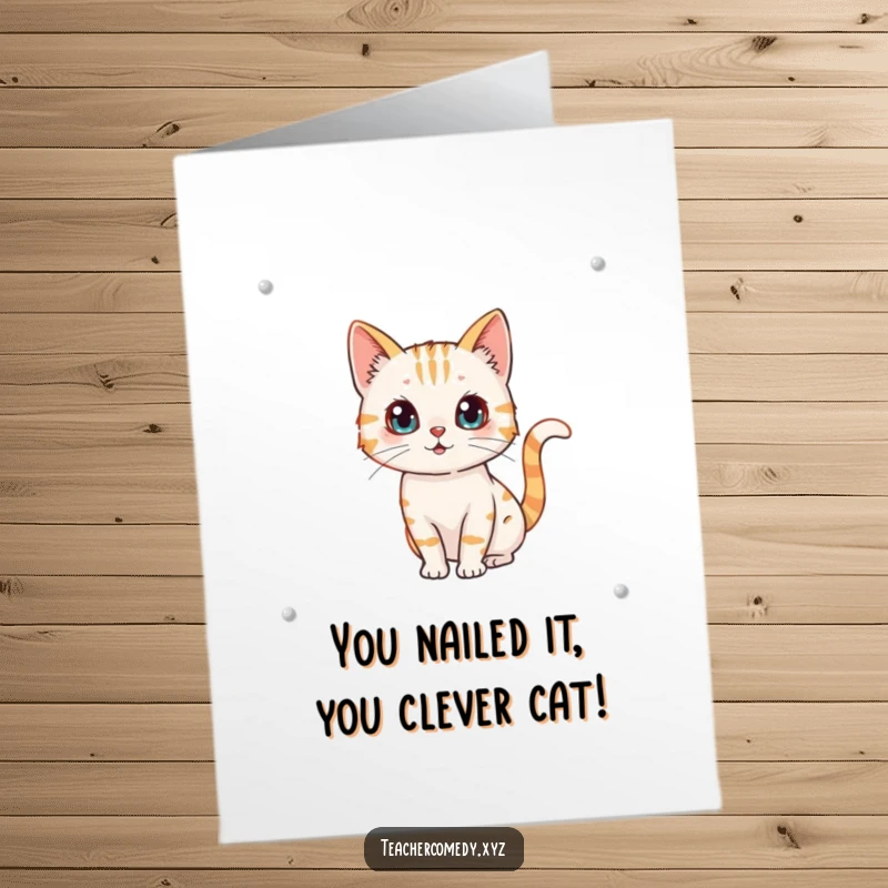 Funny Free Printable Congratulations Card: A proud cat showing off its whiteboard drawing, tail wagging with accomplishment.