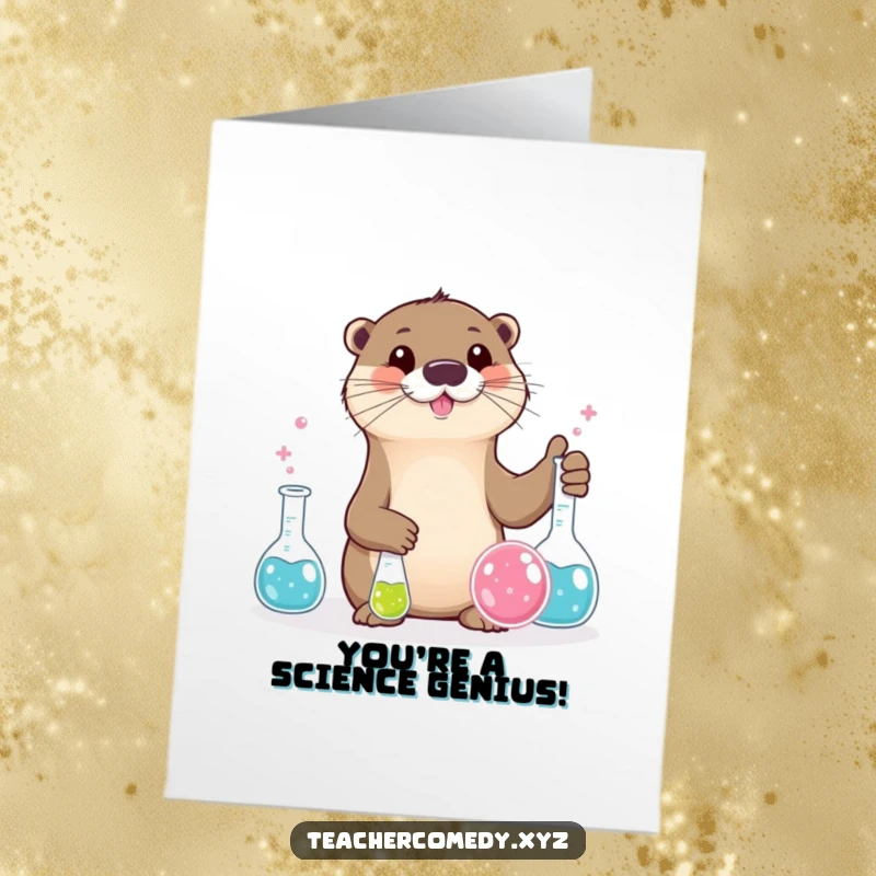 Funny Free Printable Congrats Card: A joyful otter demonstrates a science experiment with bubbling beakers, celebrating accomplishments.