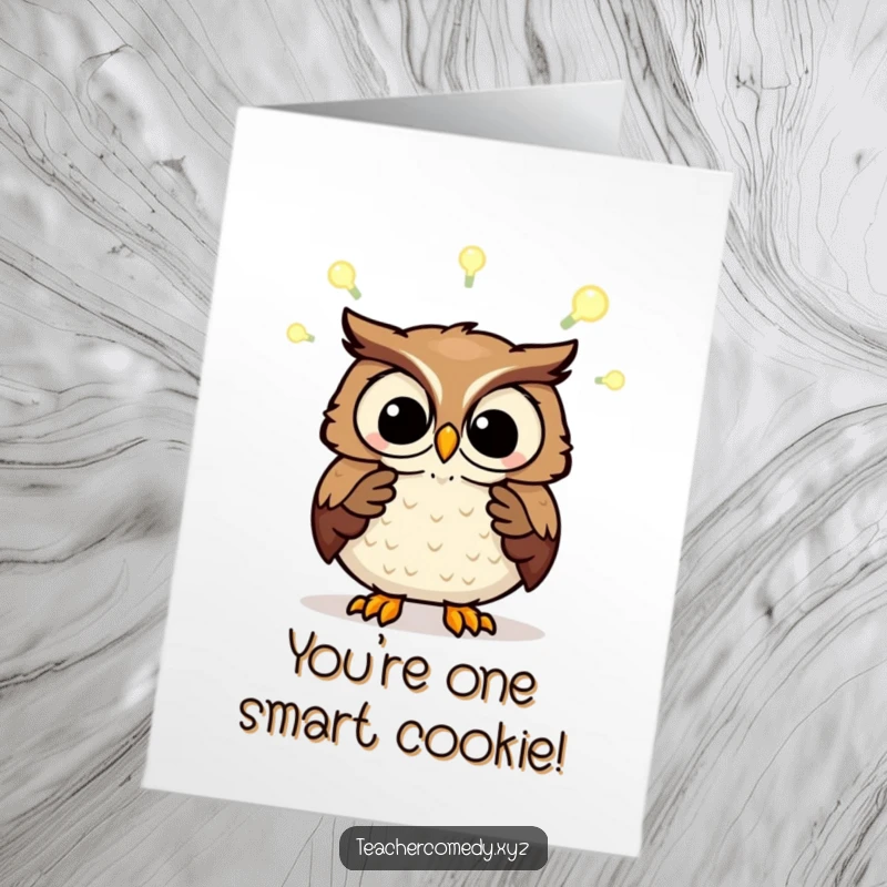 Funny Free Printable Congratulations Card with a wise owl sharing a concept, light bulbs illustrating a moment of genius.