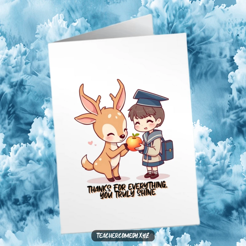 Funny Free Printable Deer Card offering an apple to a student, expressing thanks with a quirky, endearing touch.