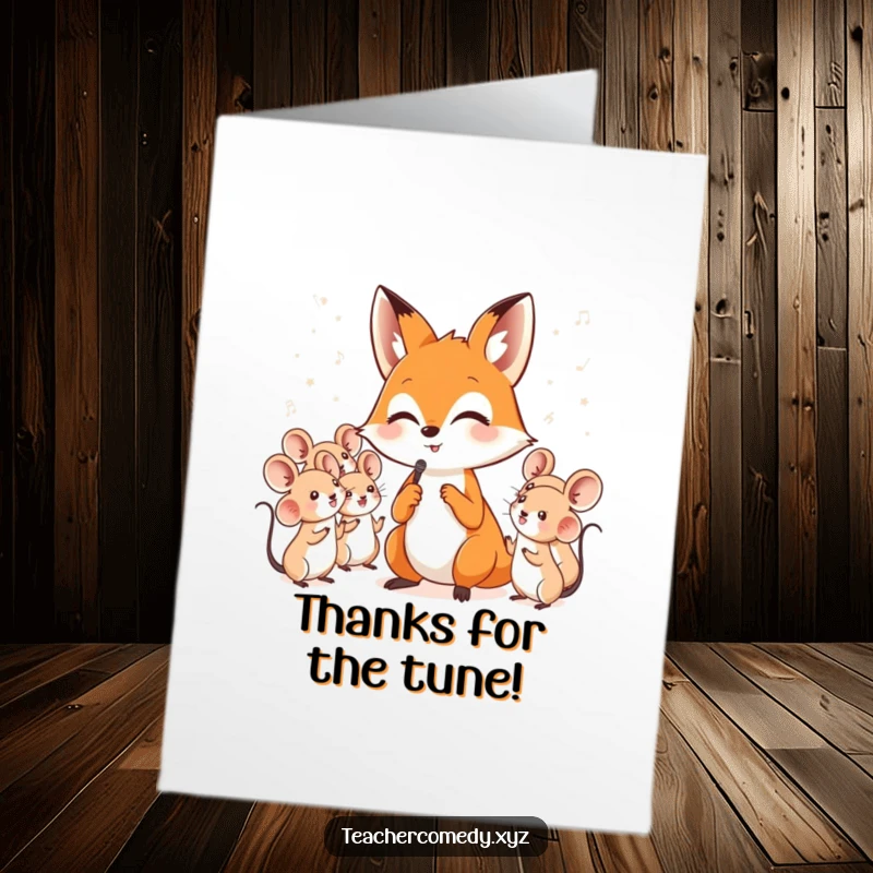 Funny free printable thank you card featuring a clever fox leading a choir of singing mice in a melodious expression of gratitude.