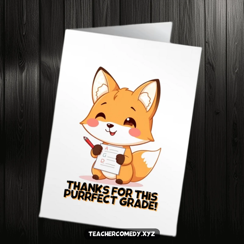 Funny Free Printable Thank You Card: A smiling fox teacher holding a red pen and giving a good grade on a paper.