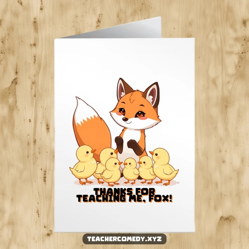Funny Free Printable Thank You Card: Playful fox sharing knowledge with eager chicks, a symbol of mentorship.