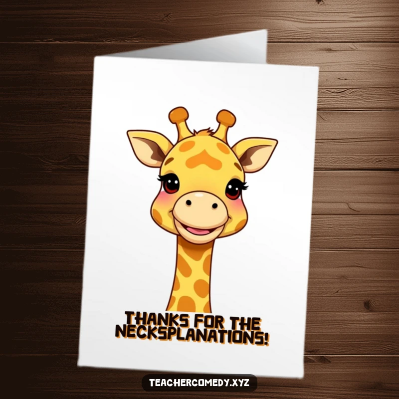 Funny Free Printable Thank You Card: A happy giraffe uses its neck to point out and explain a large, important concept.