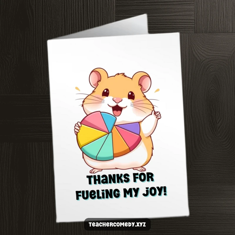 Funny Free Printable Thank You Card: A hamster enthusiastically shows a colorful pie chart, conveying thanks.
