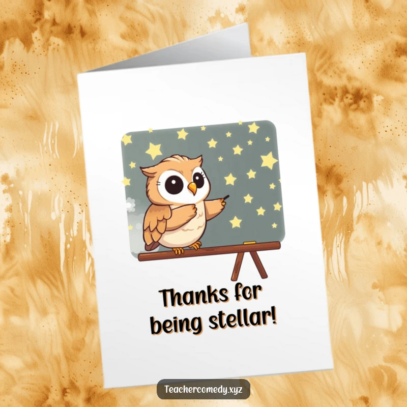 Funny Free Printable Thank You Card: An enthusiastic owl points at a blackboard filled with stars, expressing thanks.