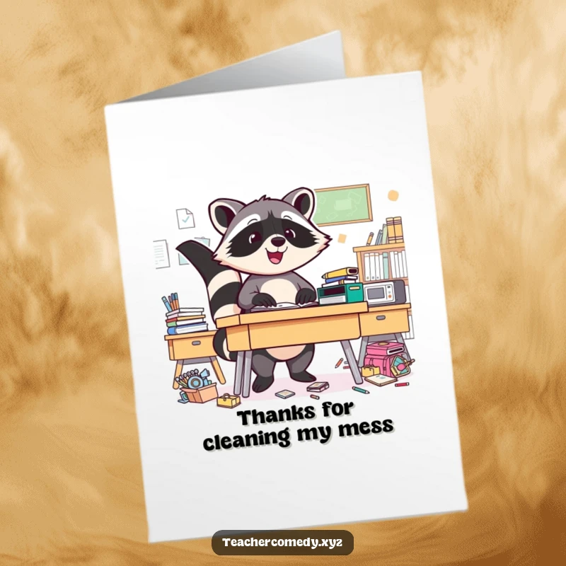 Funny Free Printable Thank You Card: Triumphant raccoon stands proudly beside a spotless desk, grateful.