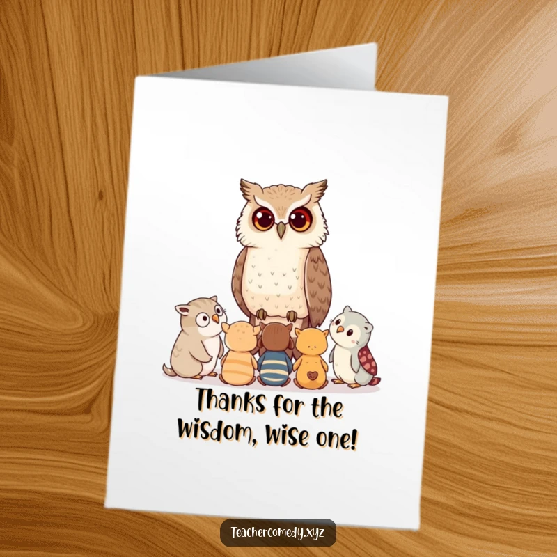 Funny Free Printable Thank You Card: Wise owl whispers sage advice to a group of attentive young woodland creatures.