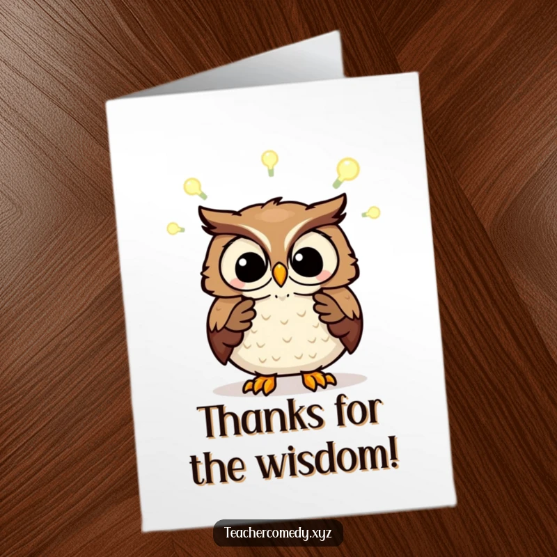 Funny Free Printable Thank You Card featuring a wise owl with glowing light bulbs, conveying thanks for brilliant ideas or advice.