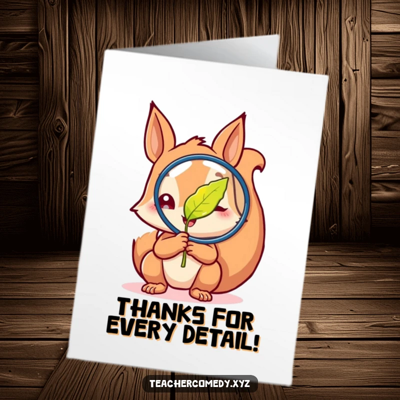 Funny Free Printable Thank You Card: Curious squirrel peering at a magnified leaf, cute illustration, ideal for a thoughtful DIY gift.