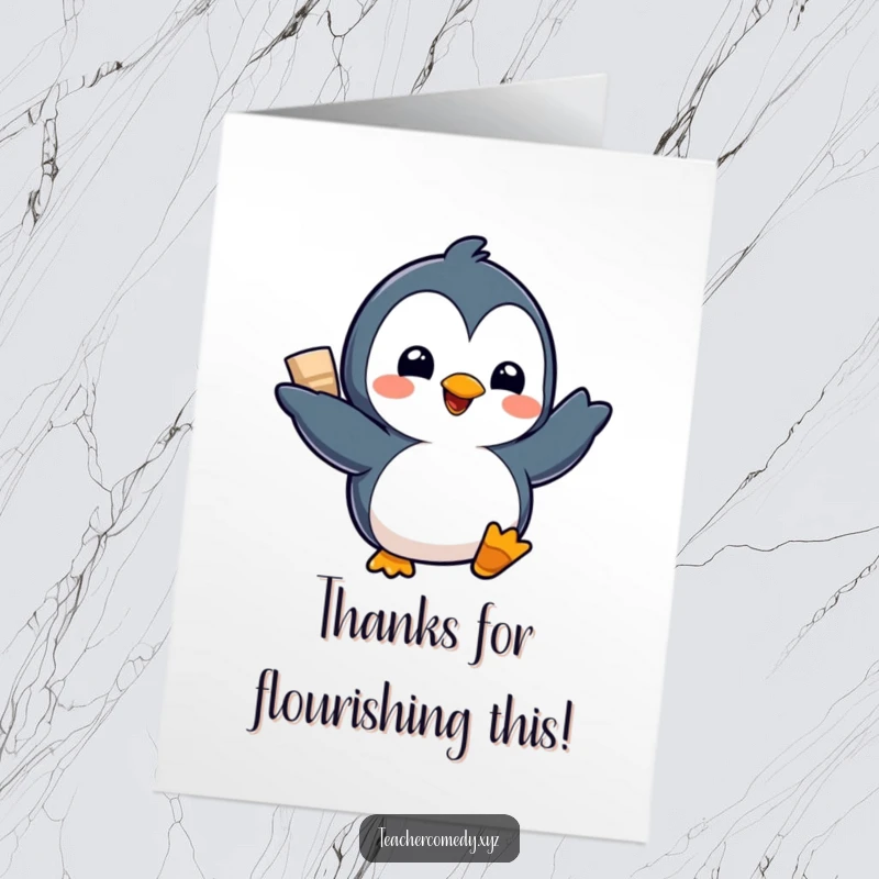 Funny Free Printable Thank You Card depicting a cheerful kawaii penguin presenting a project with excitement.