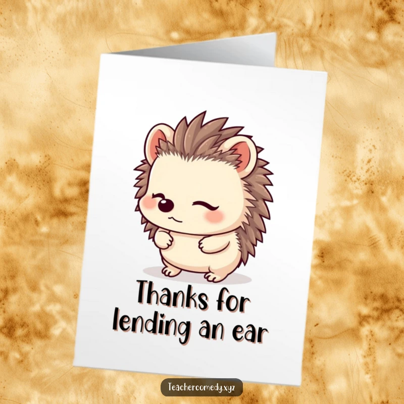 Funny Free Printable Thank You Card of a kawaii hedgehog with its ears perked, listening attentively.