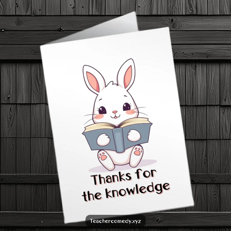 Free Printable Thank You Card: Curious kawaii rabbit holding many books, perfect for a funny, book-themed thank you.