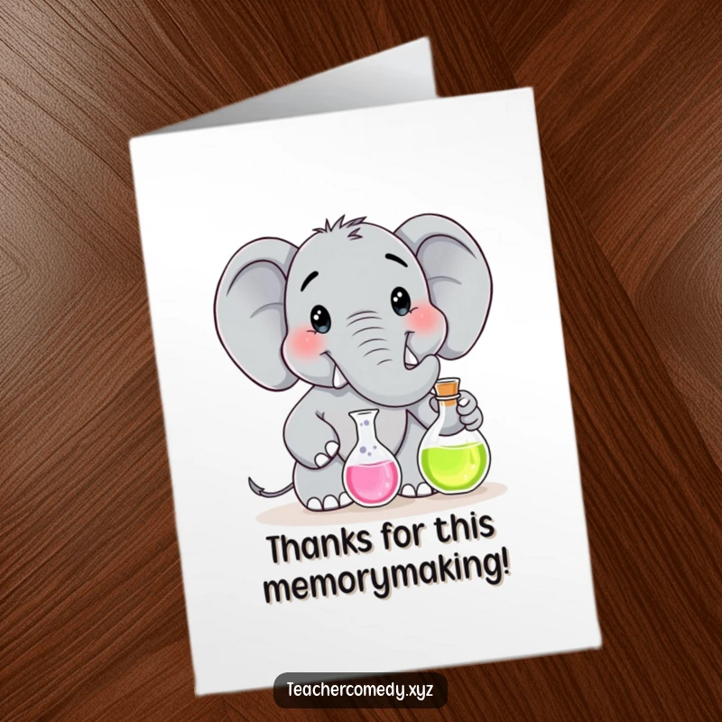 Funny Free Printable Thank You Card: A smiling elephant holding a flask, offering a beaker as a gesture of thanks.