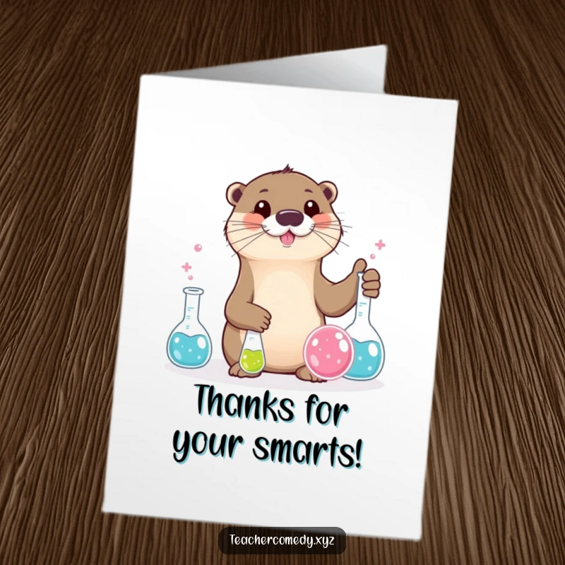 Funny Free Printable Thank You Card: An otter conducts a science experiment with bubbling beakers, showing appreciation.
