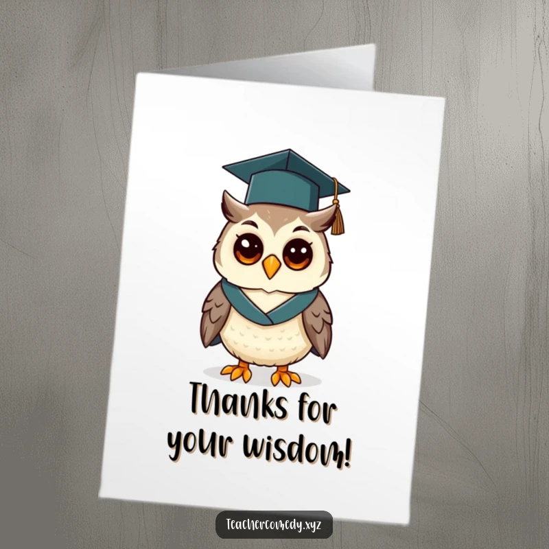 Funny Free Printable Thank You Card: Cheerful owl wears graduation cap and gown, expressing thanks.