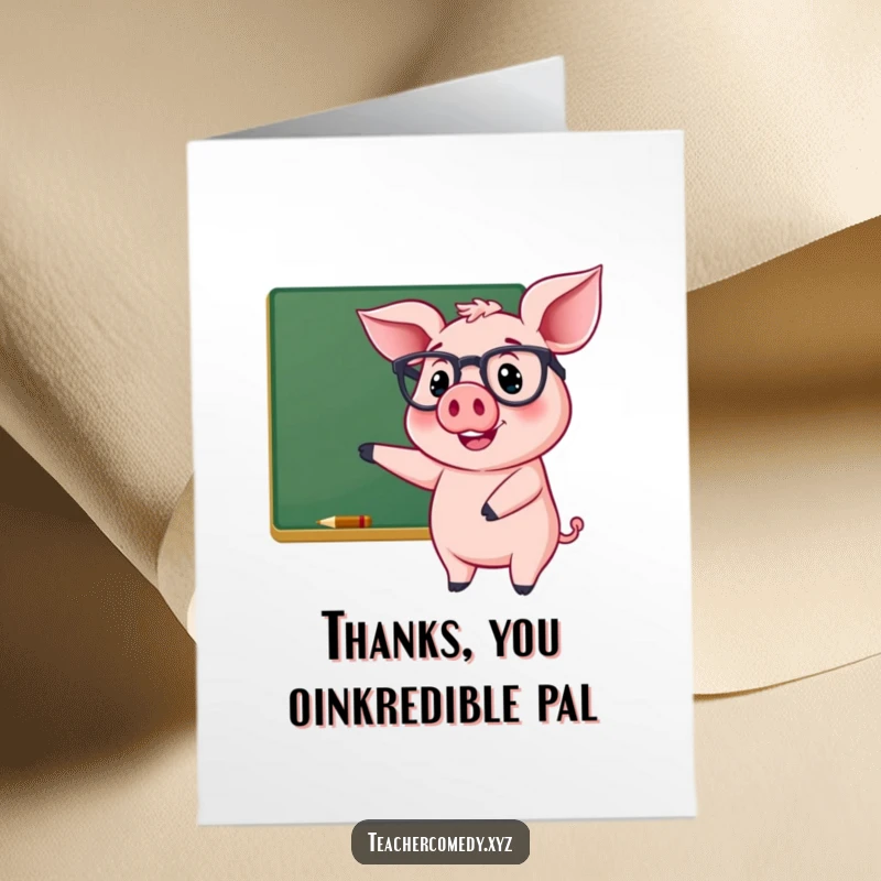 Funny Free Printable Thank You Card: Cheerful pig in glasses points to chalkboard, a smart and thankful gesture.