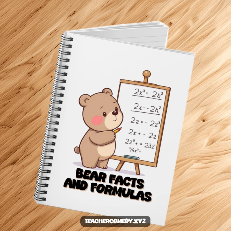 Funny notebook with a determined bear scribbling equations on a whiteboard, perfect for school, work, or personal calculations.
