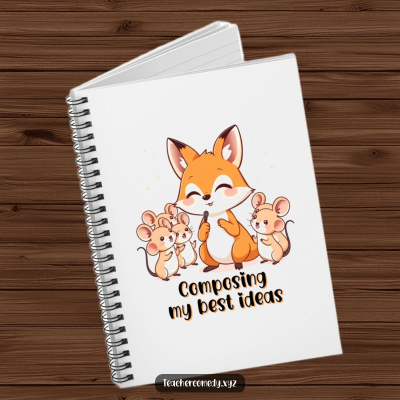 Funny notebook with a clever fox conducting a whimsical choir of small singing mice, ideal for notes and doodles.