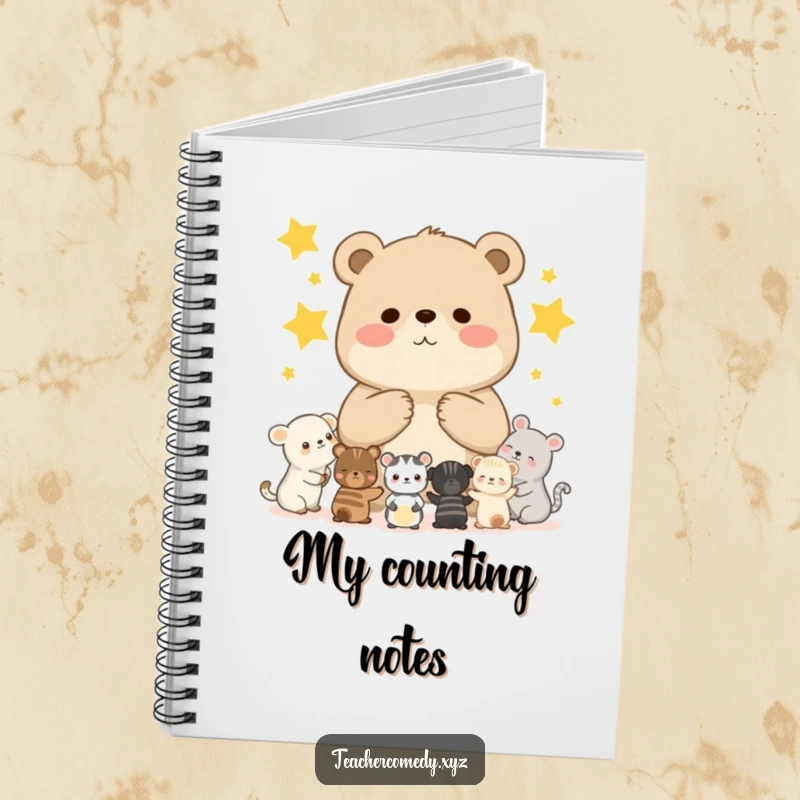 Funny notebook featuring a chubby bear cub teaching smaller animals to count stars, ideal for jotting down notes and ideas.