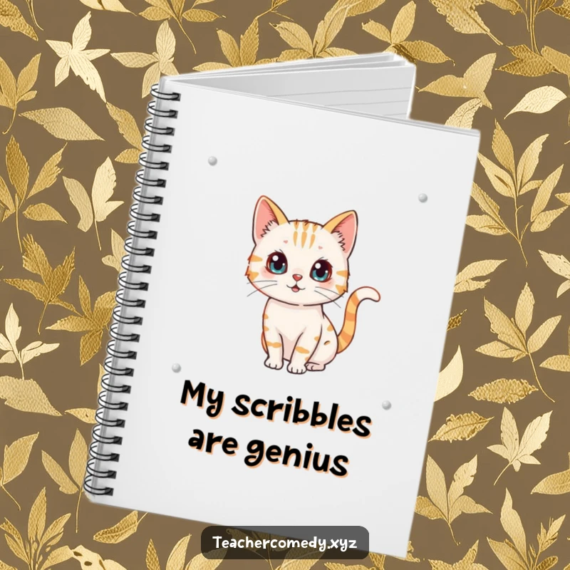 Funny notebook cover depicting a curious cat character drawing on a whiteboard, its tail wagging energetically.