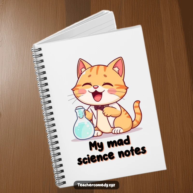 Funny notebook with a giggling cat demonstrating a science experiment with a bubbling beaker, perfect for lab notes or daily journaling.