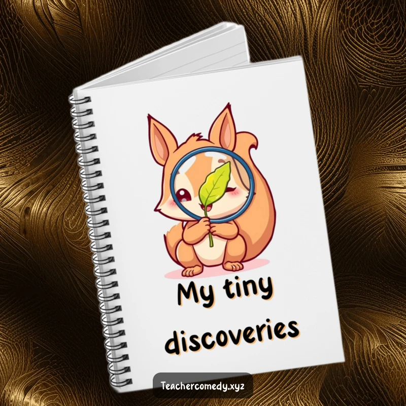 Funny notebook cover with a curious squirrel examining a magnified leaf with glee, ideal for jotting notes with a scientific flair.