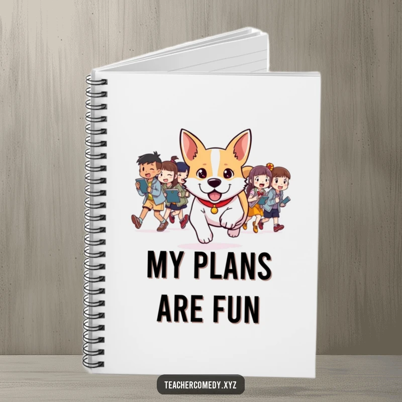 Funny notebook featuring a determined dog leading students in a fun activity, ideal for journaling plans and energetic ideas.