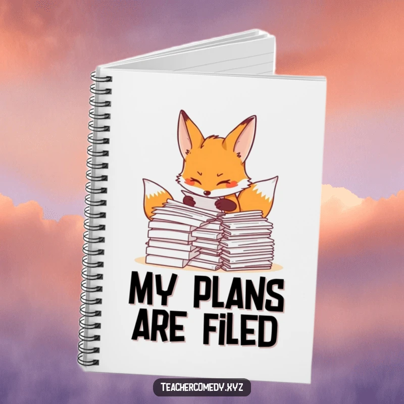 Funny fox notebook with a determined fox organizing papers, ideal for notes, plans, and to-do lists.