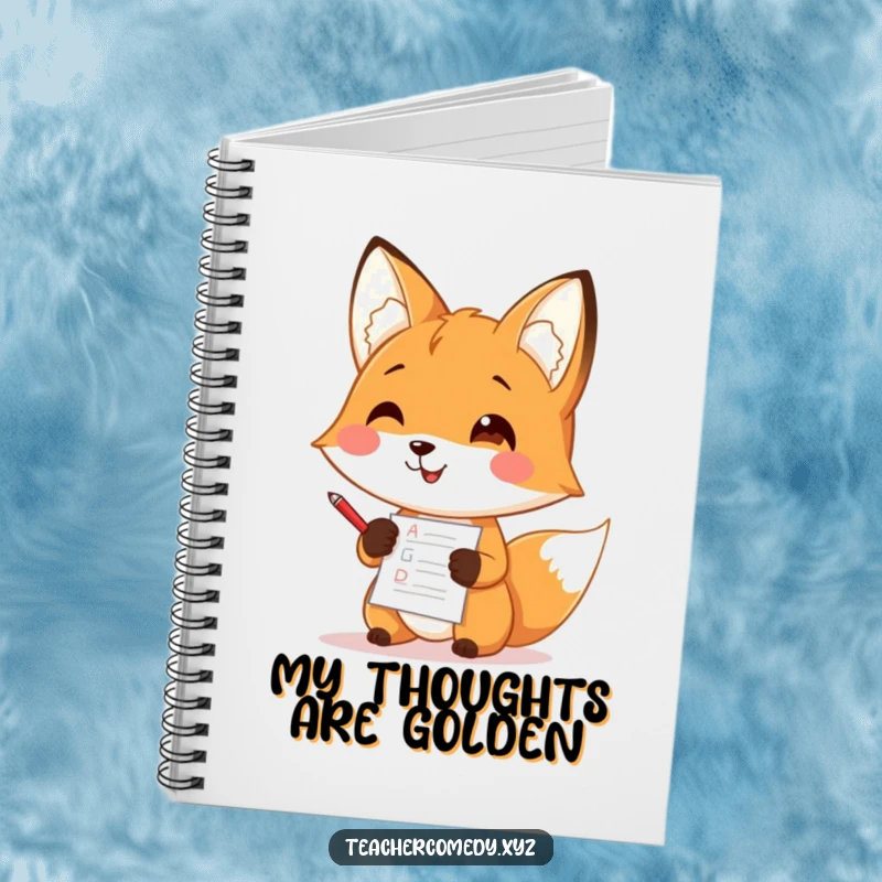 Funny notebook cover featuring a happy fox character diligently grading papers with a small red pen, ready to write.