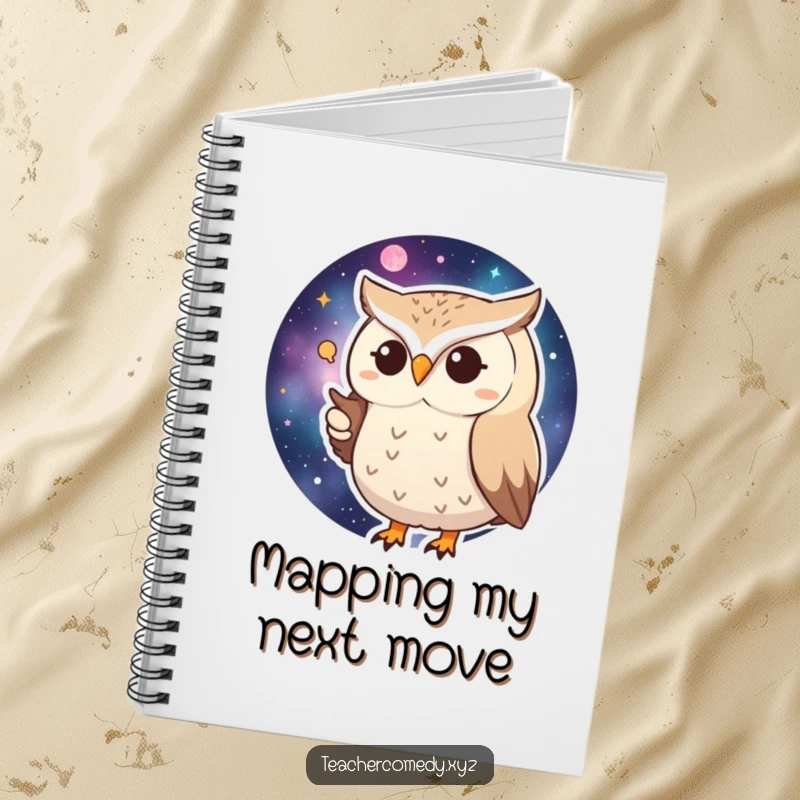 Funny Huffy Owl Notebook: A grumpy owl points at a galaxy map, ideal for humorous note-taking.