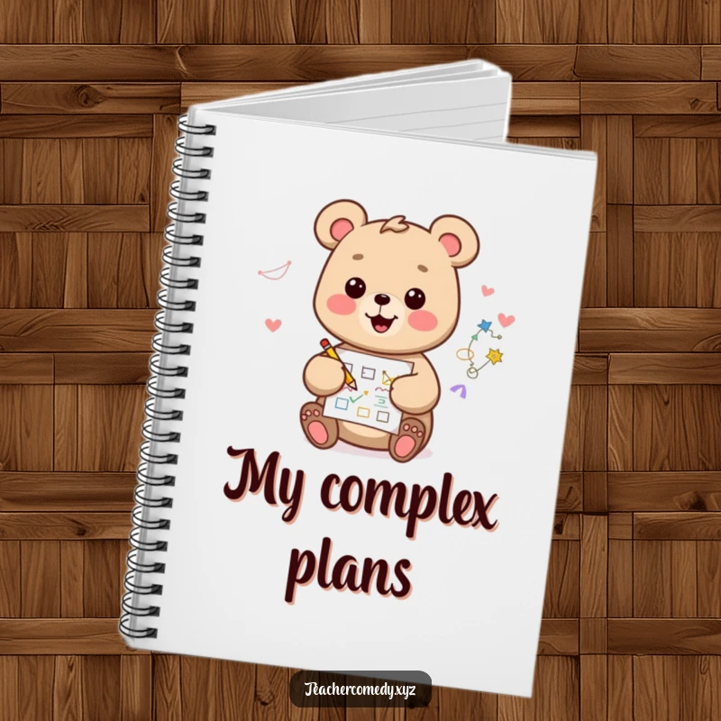 Funny kawaii bear notebook, happy and artistic, drawing a diagram, perfect for capturing creative ideas and notes.