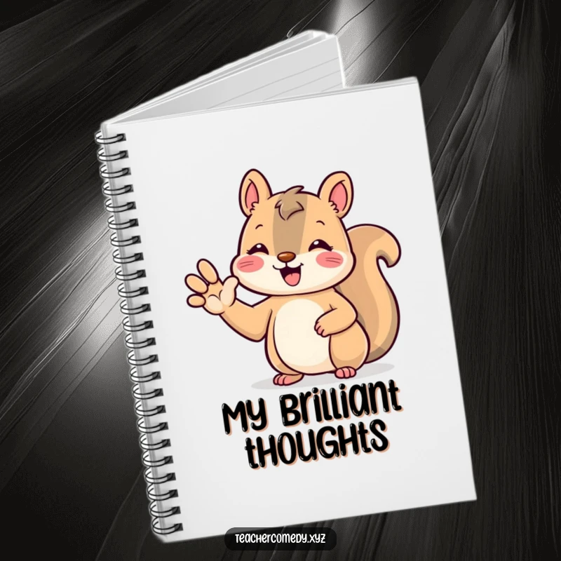 Funny kawaii squirrel notebook, cute and beaming, raising its paw to answer, perfect for writing down thoughts and ideas.