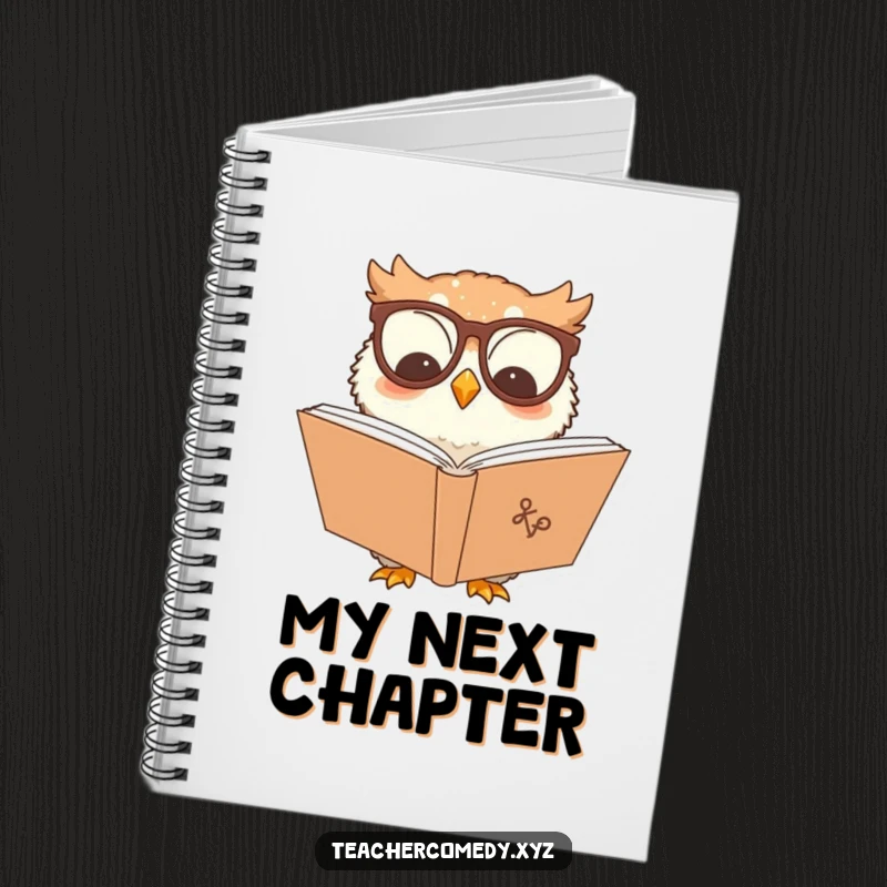 Funny owl character notebook, with a wise owl wearing glasses reading a book on the cover, perfect for taking notes.