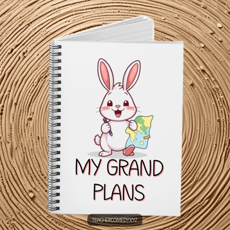 Funny notebook with an excited rabbit pointing at a map with a pointer, ideal for humorous travel planning.