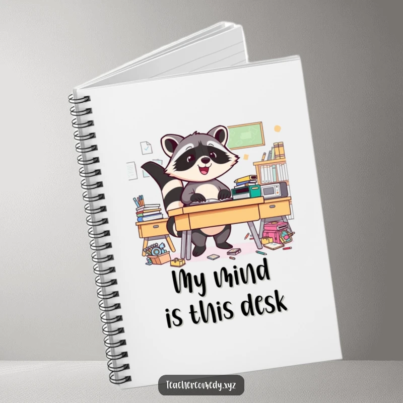 Funny Raccoon Notebook: A triumphant raccoon tidies a chaotic desk, ideal for humorous note-taking.