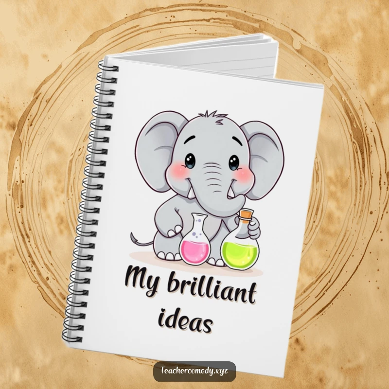 Funny notebook cover depicting a smiling elephant scientist in a lab coat, holding a flask for an experiment.