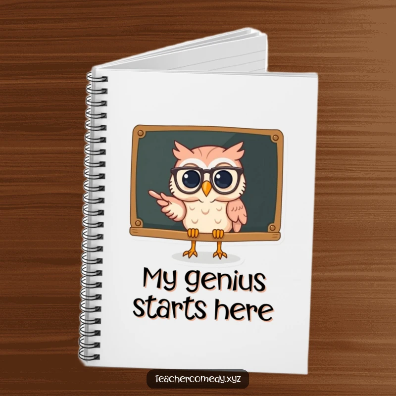 Funny owl notebook with a wise owl wearing spectacles pointing at a chalkboard, a humorous place for all your notes.