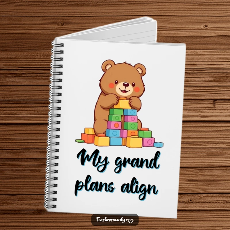 Funny bear notebook with a determined bear building a tower of colorful blocks, a humorous place for all your notes.