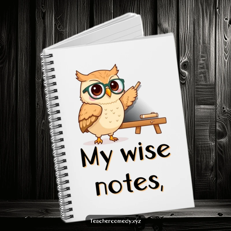 Funny kawaii owl wearing spectacles pointing to a chalkboard, a blank notebook for writing, perfect for students and teachers.