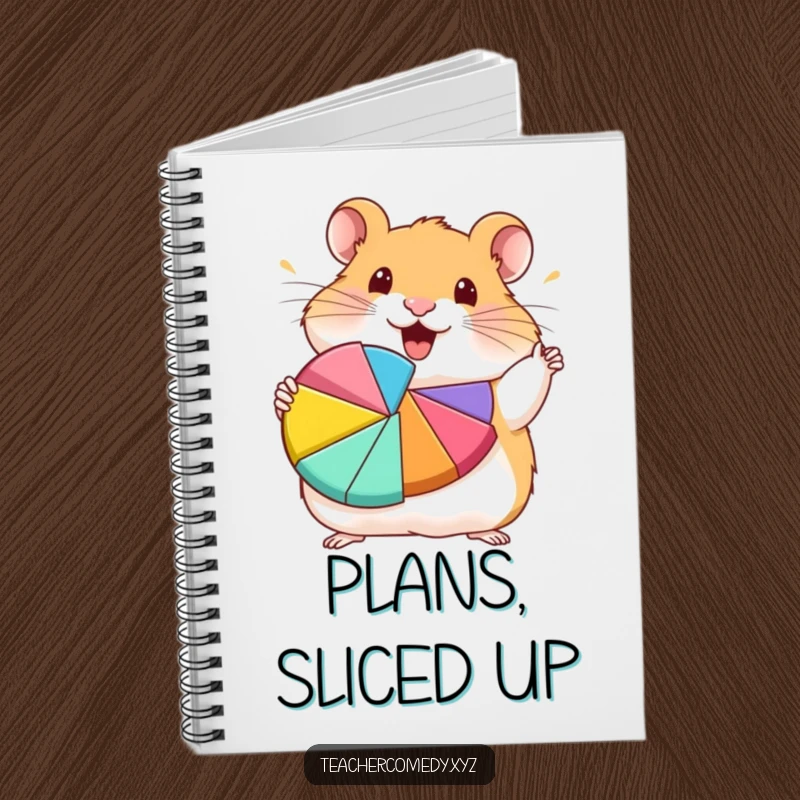Funny hamster character enthusiastically showing a colorful pie chart, perfect funny notebook.