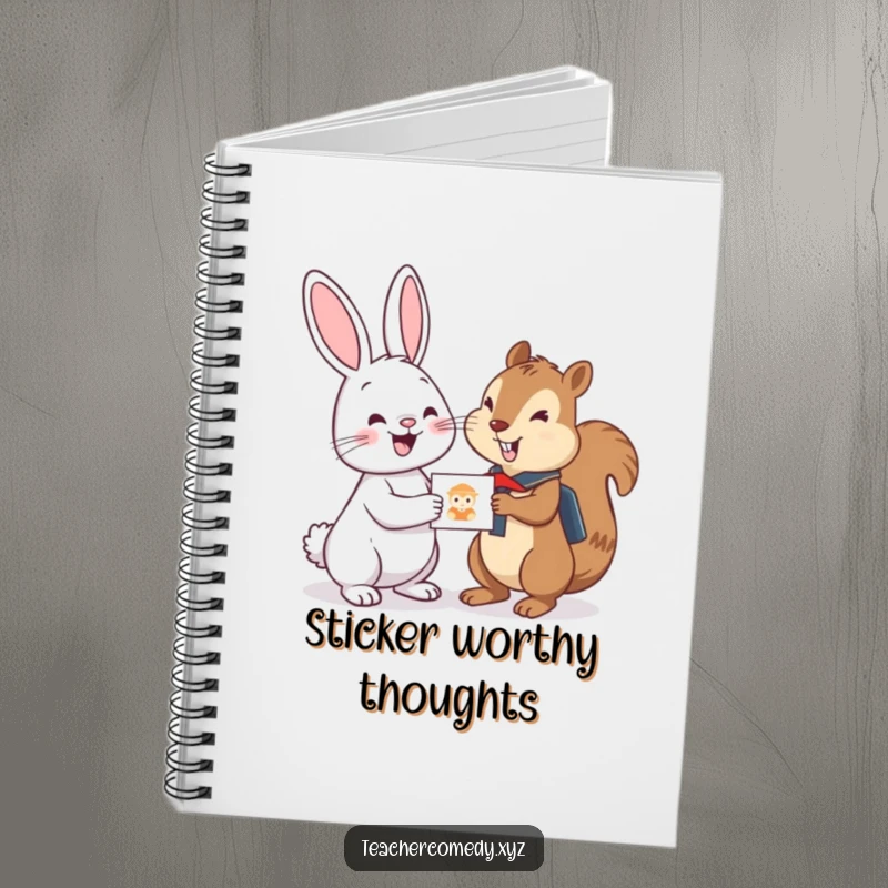Funny notebook with a cheerful bunny gifting a sticker to an attentive student squirrel, perfect for school, work, or personal journaling.