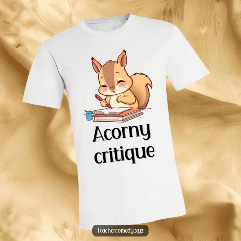 Funny t-shirt with a diligent squirrel using a tiny red pen to meticulously grade papers, representing humorous academic focus.