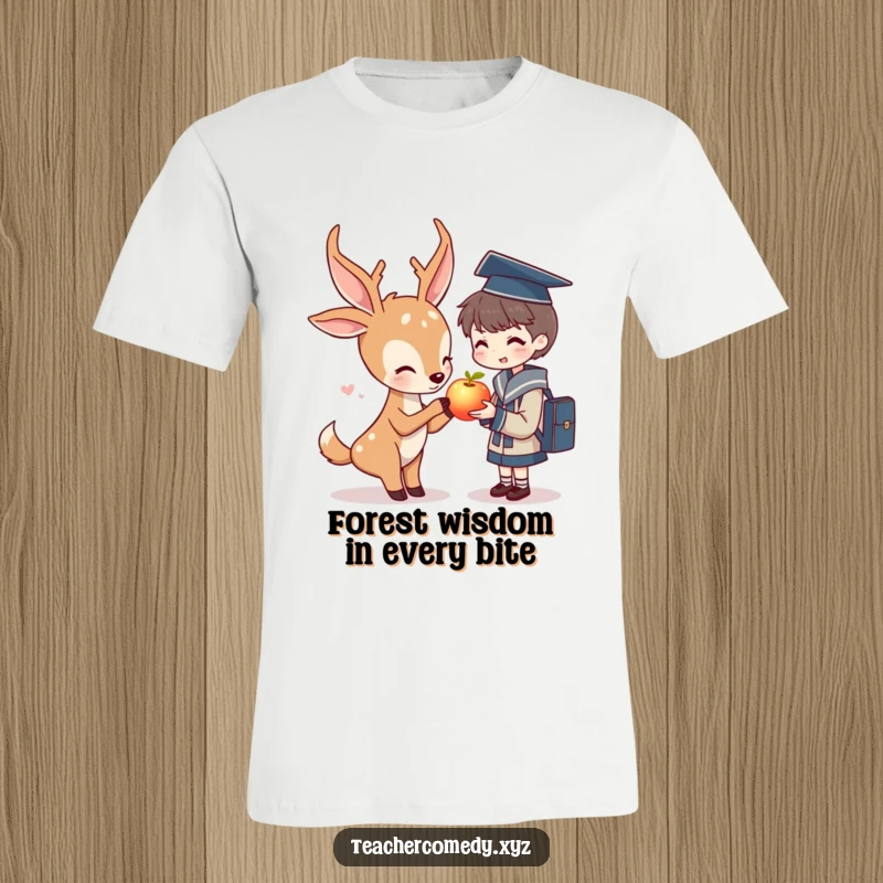 Funny t-shirt graphic of a kind deer giving a luminous apple to a student, celebrating education and a sweet exchange.